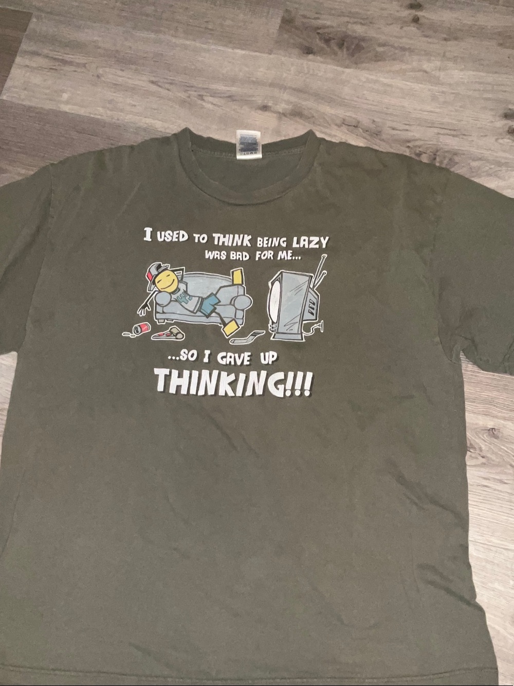 Delta Olive Green Short-Sleeve Tee with Humorous Cartoon Print